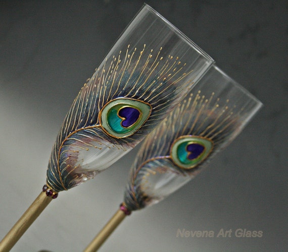 Wedding Peacock Glasses Hand Painted Gold Peacock Glasses