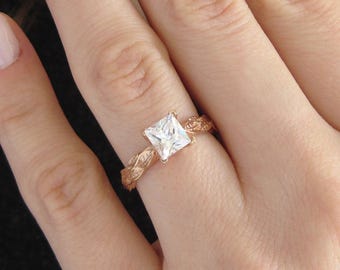 Moissanite Engagement Ring, Rose Gold Leaf Engagement Ring With Moissanite, Princess Cut Moissanite Ring, Rose Gold Moissanite Leaves Ring