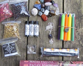 Wicca Starter Kit, witchcraft supply, pagan wiccan kit supplies, occult, crystal set, altar tools, magick, spells, wiccan herbs, incense