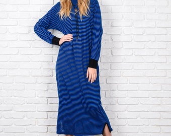 Vintage 80s Midi Shift Dress Slouchy Oversize Blue Black Striped long sleeve S M 8646