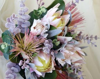 Rustic bouquet. Wedding bouquet of native flowers. Proteas, blushing bride, Australian native foliage. Pink, cream, flowers & musk foliage