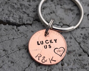 Lucky us anniversary penny keychain. Personalized with initials and year. Anniversary gift for him. Anniversary gift for her.