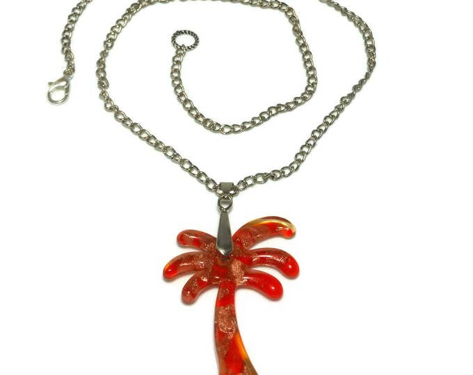 FREE SHIPPING Lampwork palm tree necklace, orange glitter pendant, silver plated, beach wedding, destination wedding cruise, reversible