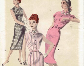 50s Shirtwaist Dress Pattern Butterick 7656. Capelet or Convertible Collar - Slim Skirt - Button Front Dress. Size 16 Bust 34.