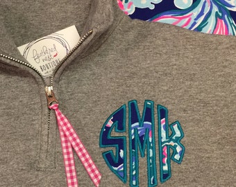 Lilly Circle Monogram 1/4 Zip Sweatshirt - Lilly Fabric Monogrammed Quarter Zip Popover - Preppy Monogram Pullover Sweatshirt - Lilly P