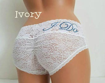 SALE IVORY Lace Cutie Booty with Something Blue - Customized Bridal Panties - Off White Cream - Sizes XS-Xxl