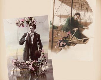 Man - Balloon - Flying Machine - 2 New 4x6 Vintage Postcard Image Photo Prints - GE14-05