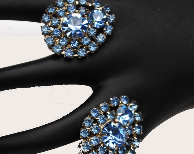 Blue Rhinestone earrings - Signed Garne - Mid Century - Clip on earring -Tear drop - Bride Wedding Prom