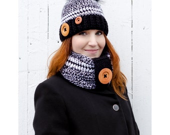 Rustik kit. Hat cowl snood crochet black and white (made to order)
