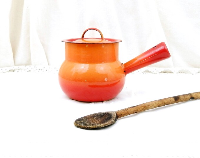 Vintage French Bright Orange Enamelware Pot Belly Pan with Lid, Enamel Sauce Pan, Cooking Pot, 1960s Retro, Kitchen, Interior, Kitchenware
