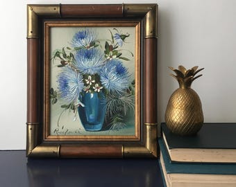 vintage framed painting blue flowers vase still life blue and greens