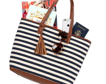 Chandler Viv & Lou® Tote Bag, Chandler Stripe Tote, Monogram Tote Bag, Monogram Stripe Tote, Personalized Navy Tote, Personalized Tote Bag