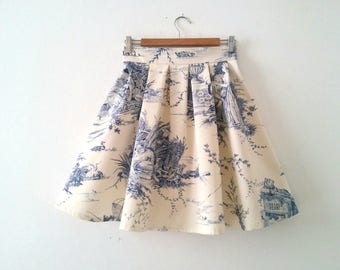 Toile de Jouy Skirt in Blue, Cotton Pleated Toile Skirt, Blue and Cream Toile High Waisted Skirt, Made to Order