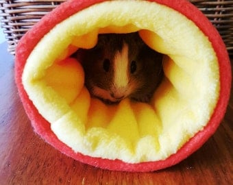Guinea pig - fleece tunnel - cuddle sack - pet tunnel - snuggle sack - pet bed - reversible fleece - orange and yellow.