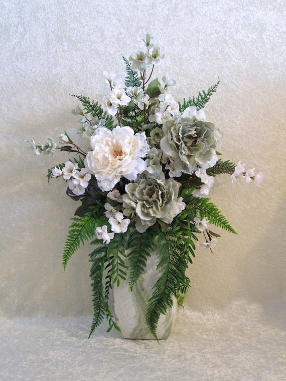Large Silk Flower Arrangement in a Green and White Swirl