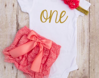 One Year Old Birthday...1st Birthday Girl Outfit...Baby Girl Birthday Outfit...First Birthday Girl...Gold First Birthday Outfit...Cake Smash