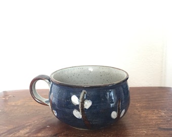 Stoneware Soup Mug - Deep Blue with White Flowers
