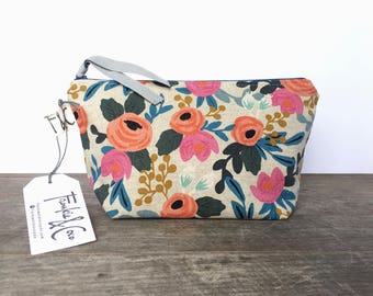 Coral Floral Canvas Cosmetic Bag, Bridesmaid Gift, Holiday Gift, Floral Canvas Pouch, Pencil Case, Floral Canvas Travel Bag, Rifle Paper Co