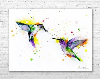 Hummingbirds Love watercolor painting print by Slaveika Aladjova, art, animal, illustration, bird, home decor, Wildlife, Contemporary