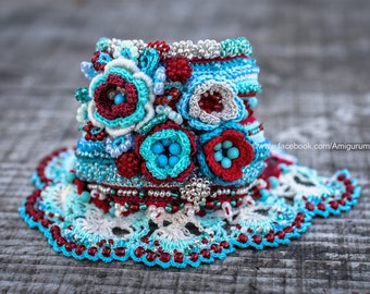 Crochet Beaded Bracelet Cuff. Freeform Crochet Bracelet Cuff. Crochet Jewelry. Beige Mint Turquoise Red Burgundy Sea Blue Crochet Bracelet.