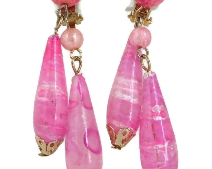 Vintage Pink Hong Kong Dangling Earrings, Teardrop Clip-on Earrings
