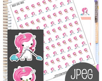 Digital Cute Unicorn Glitter Planner Sticker - Get Shit Done | Vacuum | Shopping | Goodnotes Stickers Household Chores Cleaning Stickers.