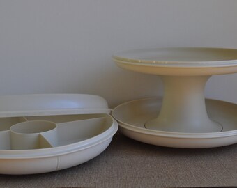 Vintage Tupperware Almond Party Serving Set. Divided Vegetable Tray w/ Lid and 2 Tier Pedestal Dessert Set. Stackable. Excellent Condition