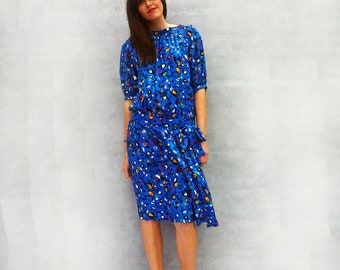 Cobalt Blue Dress, Vintage Silk Dress, Polka Dot Dress, Drop Waist 1970's Dress, Summer Dress, Boho Dress, Dress With Sleeves, Pleated Dress
