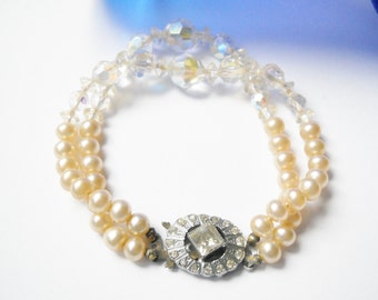 Vintage Czech Bracelet Aurora Borealis Crystals Faux Pearls Rhinestone Clasp Beaded Bracelet Retro Hollywood Regency