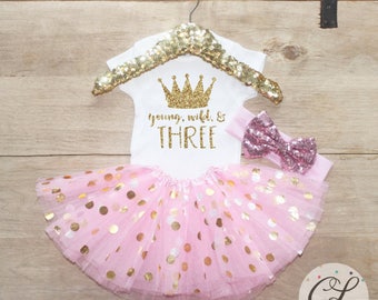 Third Birthday Tutu Shirt Outfit / Baby Girl Clothes Young Wild Three 3 Year Old Outfit Three Birthday Set 3rd Birthday Princess Crown 069