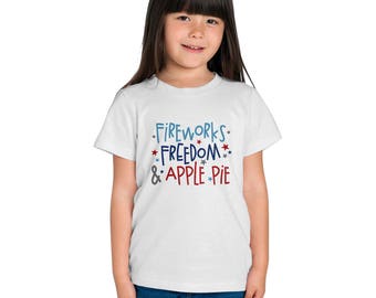 4th July Kids Tshirt - July 4th Toddler Graphic T-shirt - Fireworks Freedom & Apple Pie - Red White Blue Patriotic Kids Tee Shirt
