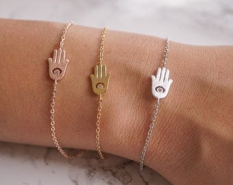 Hamsa Bracelet, Delicate Bracelet in Rose Gold, Silver, Gold, Hand of Fatima, Evil Eye, Minimalist Jewelry, Stacking Bracelet, Protection