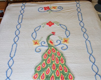 Chenille Bedspread Peacock King Bed Cover Vintage Linens