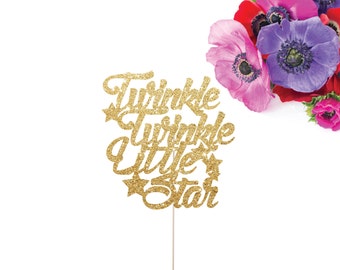 Twinkle Twinkle Little Star Cake Topper, Glittery Cursive with star accents (cute party supplies, baby shower party, simple decorations)
