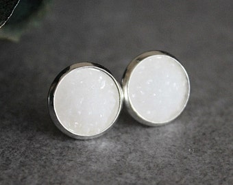 White Stud Earrings, White Earrings, White Druzy Earrings, White Post Earrings, White Bridal Earrings, White Bridesmaid Earrings, 10MM Studs