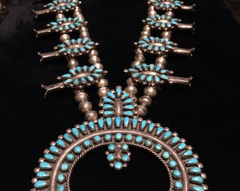 SOLD Vintage Zuni Turquoise Squash Blossom necklace sterling silver 925 old pawn Native American Indian handmade petit point Naja multi