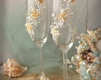 Beach Wedding Champagne Flutes Wedding Champagne Glasses Wedding Toasting Flutes Set of 2