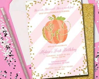 First Birthday Invitation, Pumpkin Birthday Invitation, 1st Birthday, Invitation, Pink and Gold, Fall Birthday, Little Pumpkin, Printable