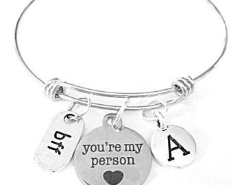 Best Friend Gift, You're My Person Charm Bangle Bracelet, Initial Bracelet, Best Friend Bracelet, Bff Gift Bangle Charm Bracelet