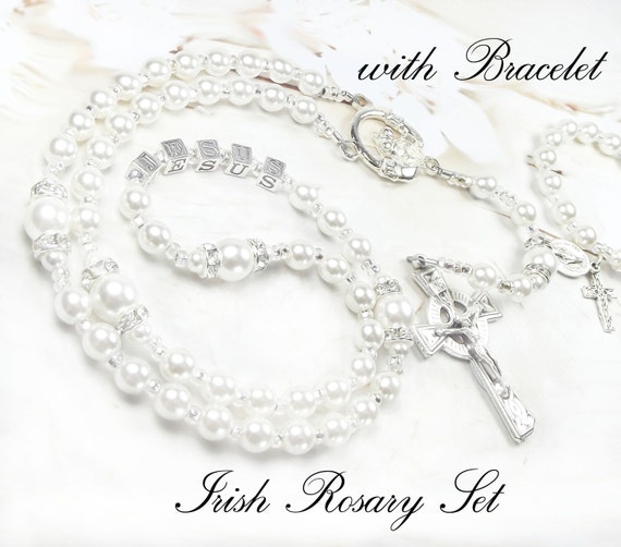 Baby Irish Girl or Boy Baptism Rosary and Bracelet Set with