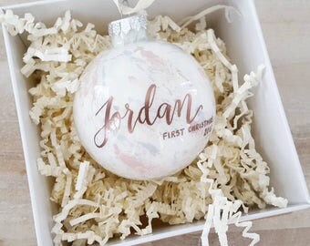 Personalized BABY'S FIRST CHRISTMAS Ornament gift with calligraphy - One (blue & pink)