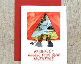 Marriage = Choose Your Own Adventure Greeting Card, Wedding Congratulations Card, Watercolor Camping Card by Little Truths Studio