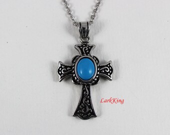 Cross necklace, stainless steel cross necklace, steel cross, blue cross necklace, men cross necklace, women cross necklace, NE5075