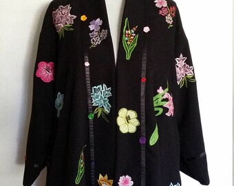 Swing coat, S, M, L, XL, embroidered coat, avant garde coat, black coat, black jacket, spring coat, formal coat, kimono coat