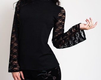 Sexy Lace Long Sleeve Black Top.Elegant Gothic Tight Blouse.Flared Sleeves Goth Everyday Top.Fall Autumn Gift Stylish Check Lace. Red, White