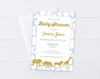 Blue Safari Baby Shower Invitation, Baby Blue & Gold Invite, Gold Foil Safari Animals, Baby Sprinkle Safari Theme, 4x6 or 5x7- Digital File