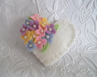 Felt Flower Brooch Pin Beaded Heart Wool Felted