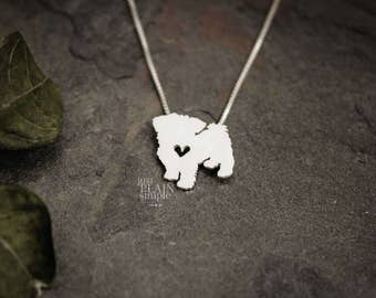 Maltese necklace, tiny sterling silver hand cut pendant with heart, tiny dog breed jewelry