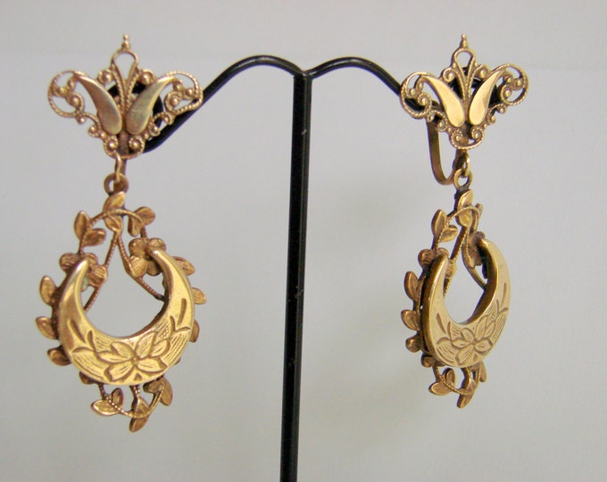 Victorian Revival Chandelier Earrings Screw Backs Pendant Drop Engraved Art Deco Period Floral Vines Antique Jewelry