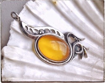 BALTIC AMBER pendant, STERLING silver, natural amber, clear honey amber, unique jewelry, vintage pendant, botanical jewelry, floral jewelry